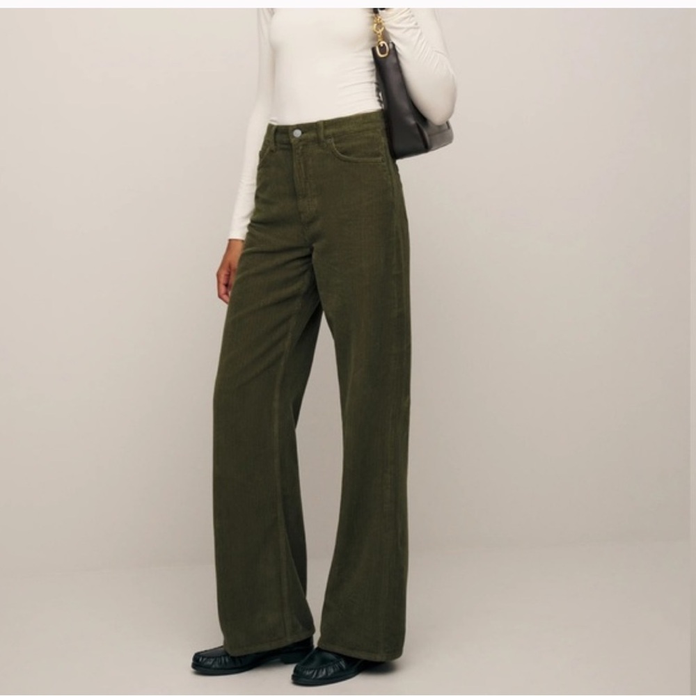 Reformation Cary Highrise Slouchy Wide Leg green corduroy pants